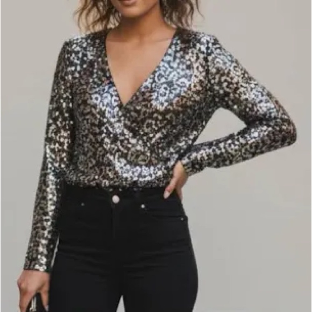 Zara Metallic Sequin V-Neck Wrap Top - Silver